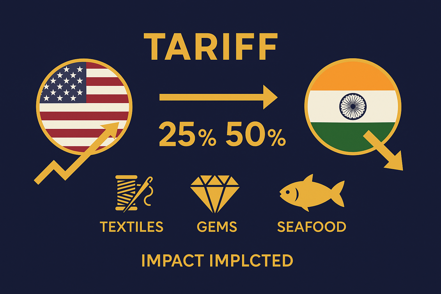 Infographic showing U.S. raising tariffs on Indian exports from 25% to 50%, with impact on textiles, gems, and seafood sectors.